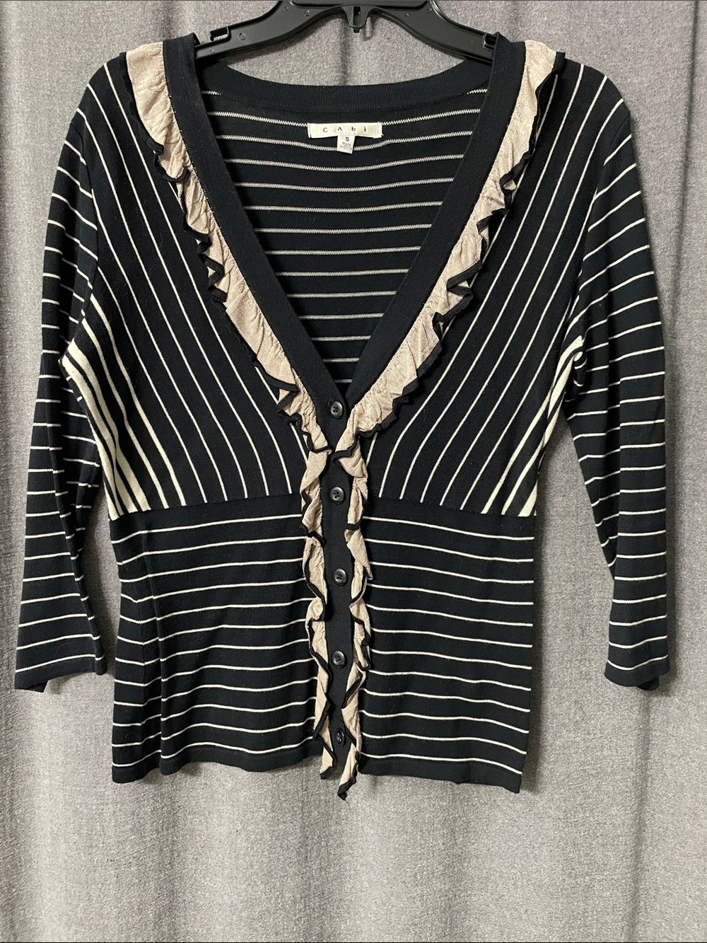 CAbi Black & Cream Striped Ruffle-Trim Cardigan